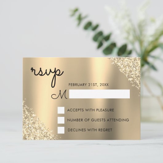 Gouden Glitter Quinceanera RSVP Kaart (Staand voorkant)