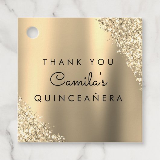 Gouden Glitter Quinceanera Sla de datum op Bedankjes Labels (Voorkant)