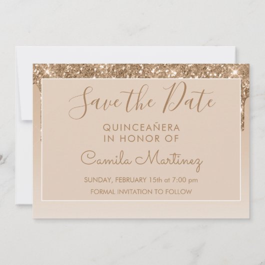 Gouden Glitter Quinceanera Sla de datum op Kaart (Achterkant)