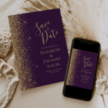 Gouden Glitter Rand Donkerpaarse Save the Date
