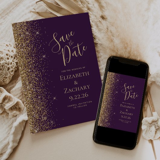 Gouden Glitter Rand Donkerpaarse Save the Date Aankondiging