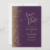 Gouden Glitter Rand Donkerpaarse Save the Date Aankondiging (Voorkant)