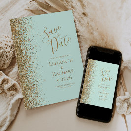 Gouden Glitter Rand Mintgroene Save the Date Aankondiging