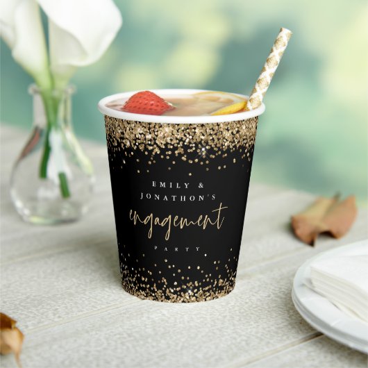 Gouden Glitter Rand Namen Verlovingsfeest Zwart Papieren Bekers (Insitu)