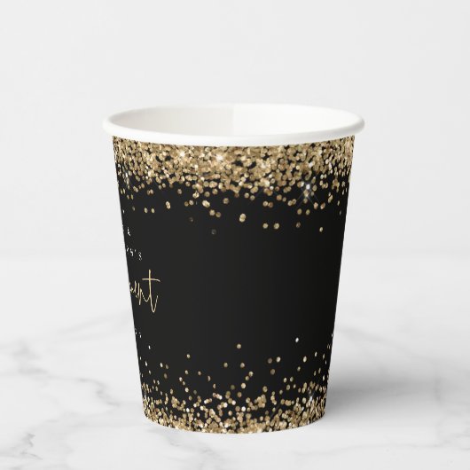 Gouden Glitter Rand Namen Verlovingsfeest Zwart Papieren Bekers (Links)