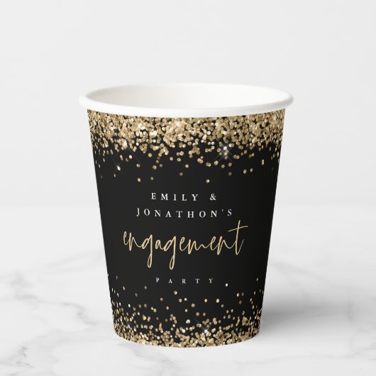 Gouden Glitter Rand Namen Verlovingsfeest Zwart Papieren Bekers (Voorkant)