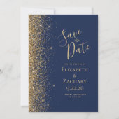 Gouden Glitter Rand Navy Blauwe Save the Date Aankondiging (Voorkant)