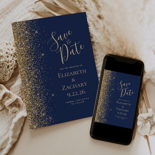 Gouden Glitter Rand Navy Blauwe Save the Date Aankondiging