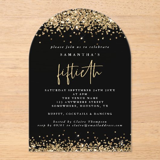Gouden Glitter Randen Zwart Vijftigste Verjaardags Acryl Uitnodigingen (Voorkant)
