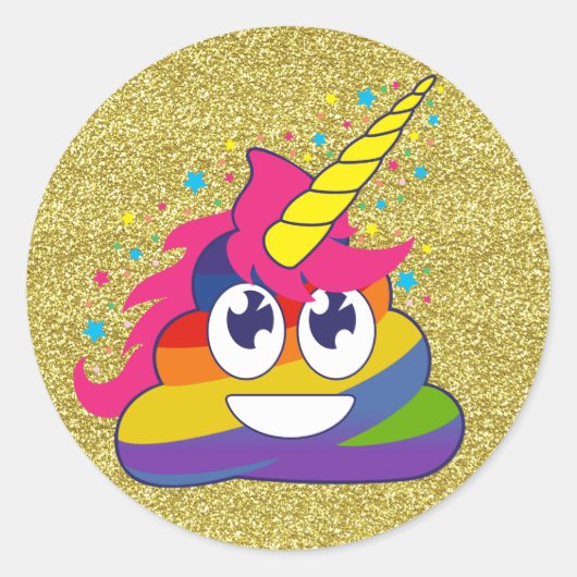 Gouden Glitter Regenboog Poep Eenhoorn Emoji Stick Ronde Sticker (Voorkant)