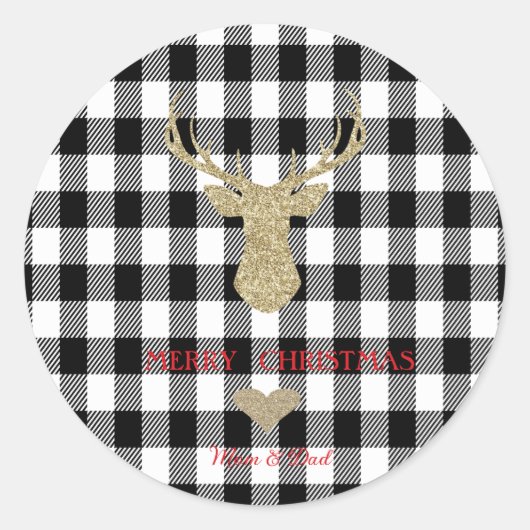 Gouden Glitter Rendier Hart Buffel Plaid Ronde Sticker (Voorkant)