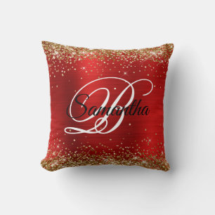 Gouden Glitter Rode Folie Fancy Monogram Kussen