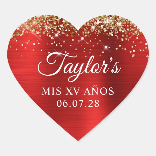 Gouden Glitter Rode Folie Mis XV Anos Verjaardag Hart Sticker (Voorkant)