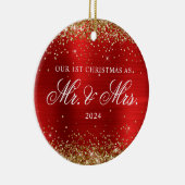 Gouden Glitter Rode Folie Onze 1e Kerstfoto Keramisch Ornament (Rechts)