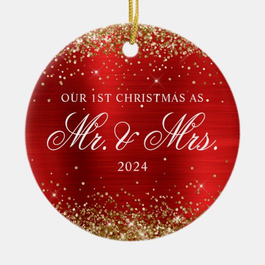 Gouden Glitter Rode Folie Onze 1e Kerstfoto Keramisch Ornament (Voorkant)