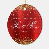 Gouden Glitter Rode Folie Onze 1e Kerstfoto Keramisch Ornament (Links)