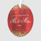 Gouden Glitter Rode Folie Onze 1e Kerstfoto Ornament (voorkant)