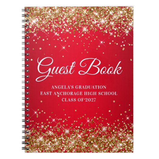 Gouden Glitter Rode Glam Gradiënt Afstudeer Gast Notitieboek (Voorkant)