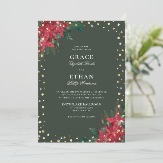 Gouden Glitter Rode Groene Bloemen Kerstmis Bruilo Kaart (Staand voorkant)