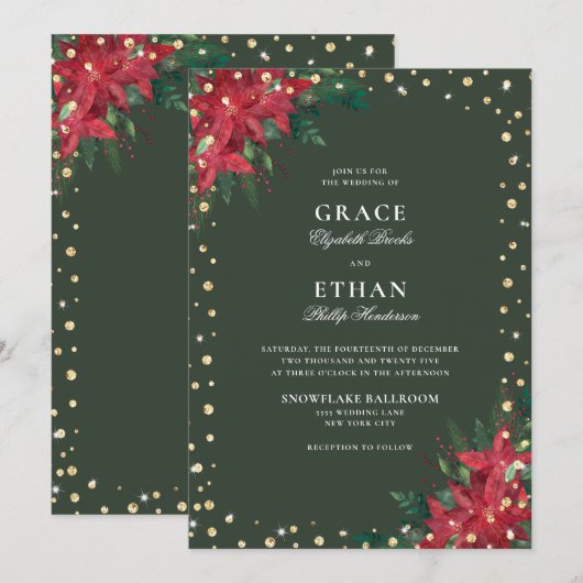 Gouden Glitter Rode Groene Bloemen Kerstmis Bruilo Kaart (Voorkant / Achterkant)