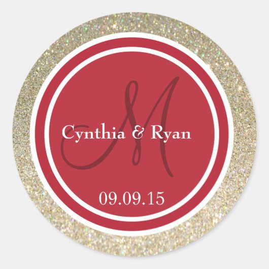 Gouden Glitter & Rode Huwelijksmonogram Ronde Sticker (Voorkant)