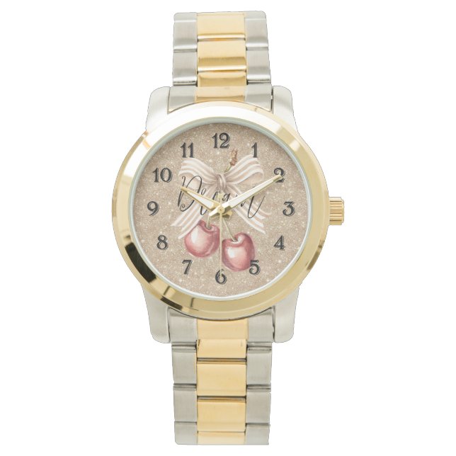 Gouden Glitter Rode Kersen Horloge (Voorkant)