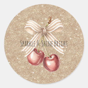 Gouden Glitter Rode Kersen   Ronde Sticker