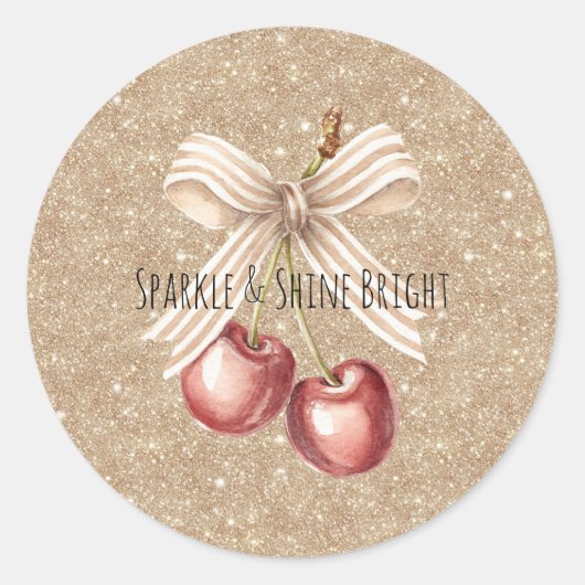 Gouden Glitter Rode Kersen   Ronde Sticker (Voorkant)