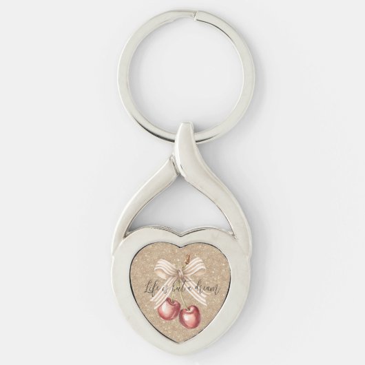 Gouden Glitter Rode Kersen Sleutelhanger (Voorkant)
