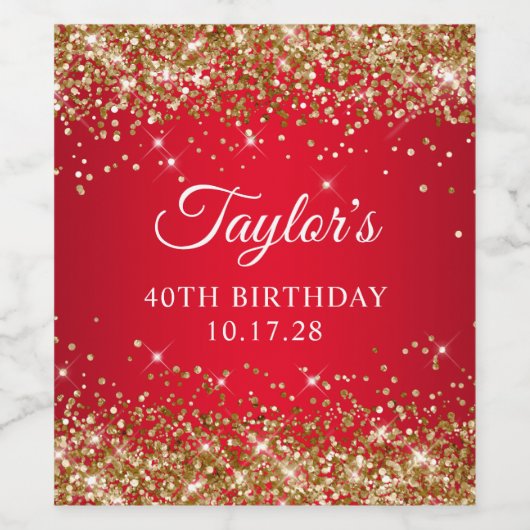 Gouden Glitter Rood 40ste verjaardag Wijn Etiket (Enkel label)