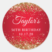 Gouden Glitter Rood 50ste verjaardag Ronde Sticker (Voorkant)
