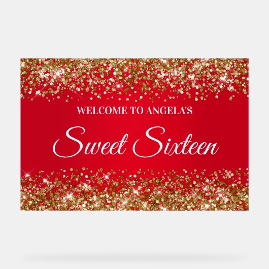 Gouden Glitter Rood Zoet Zestien Acryl Bord (Voorkant)