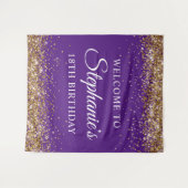 Gouden Glitter Royal Paarse 18e Verjaardag Welkom Wandkleed (Voorkant (horizontaal))