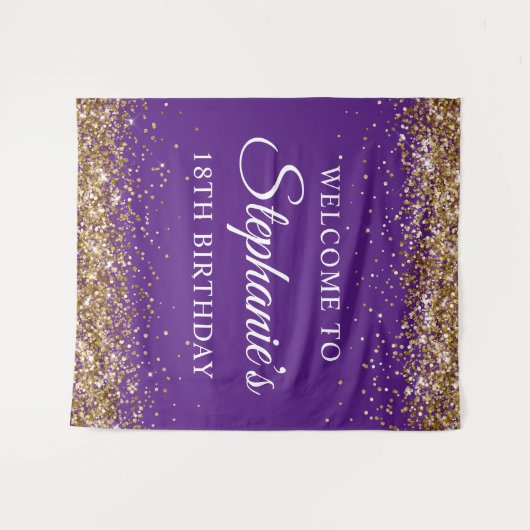 Gouden Glitter Royal Paarse 18e Verjaardag Welkom Wandkleed (Voorkant (horizontaal))