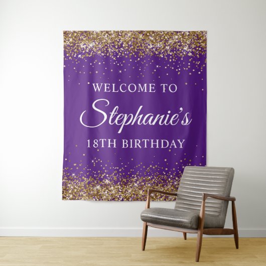 Gouden Glitter Royal Paarse 18e Verjaardag Welkom Wandkleed (In situ)