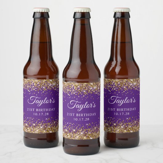 Gouden Glitter Royal Paarse 21e Verjaardag Bier Etiket (Flessen)