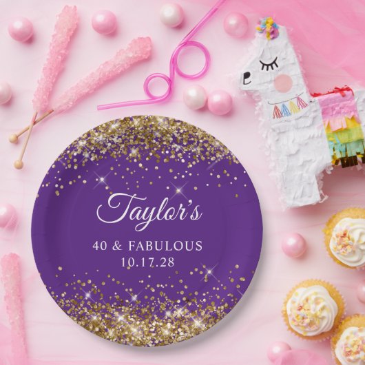 Gouden Glitter Royal Paarse 40 & Fabulous Papieren Bordje (Feest)