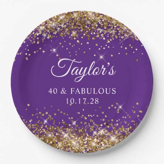 Gouden Glitter Royal Paarse 40 & Fabulous Papieren Bordje (Voorkant)
