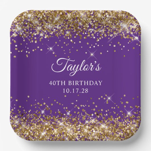 Gouden Glitter Royal Paarse 40e Verjaardag Papieren Bordje (Voorkant)