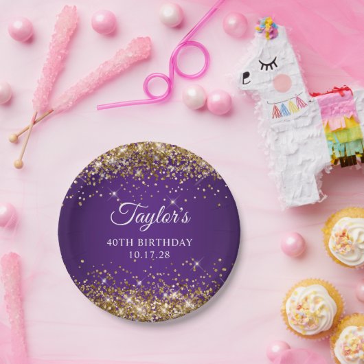 Gouden Glitter Royal Paarse 40e Verjaardag Papieren Bordje (Feest)