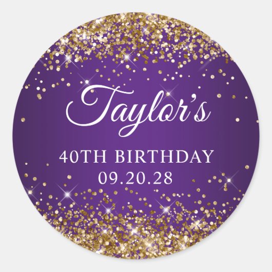 Gouden Glitter Royal Paarse 40e Verjaardag Ronde Sticker (Voorkant)
