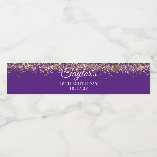 Gouden Glitter Royal Paarse 40e Verjaardag Waterfles Etiket (Enkel label)