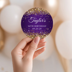 Gouden Glitter Royal Paarse 50e Verjaardag Ronde Sticker
