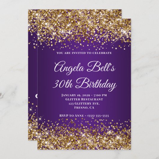 Gouden Glitter Royal Paarse Monogram 30ste Verjaar Kaart (Voorkant / Achterkant)