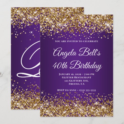 Gouden Glitter Royal Paarse Monogram 40ste Verjaar Kaart (Voorkant / Achterkant)