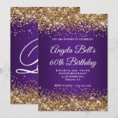 Gouden Glitter Royal Paarse Monogram 60ste Verjaar Kaart (Voorkant / Achterkant)