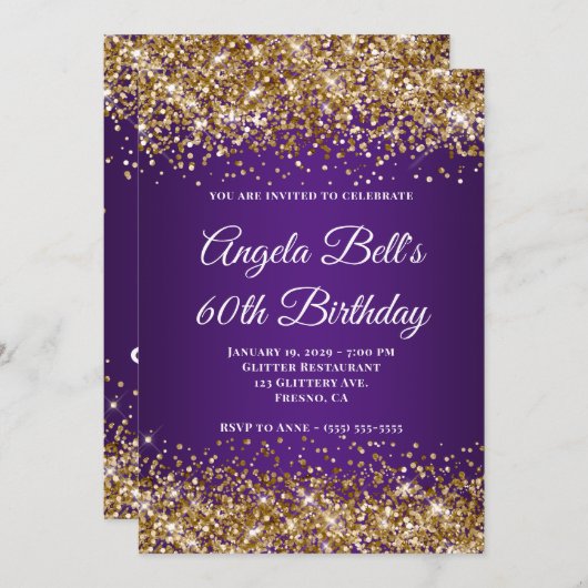 Gouden Glitter Royal Paarse Monogram 60ste Verjaar Kaart (Voorkant / Achterkant)