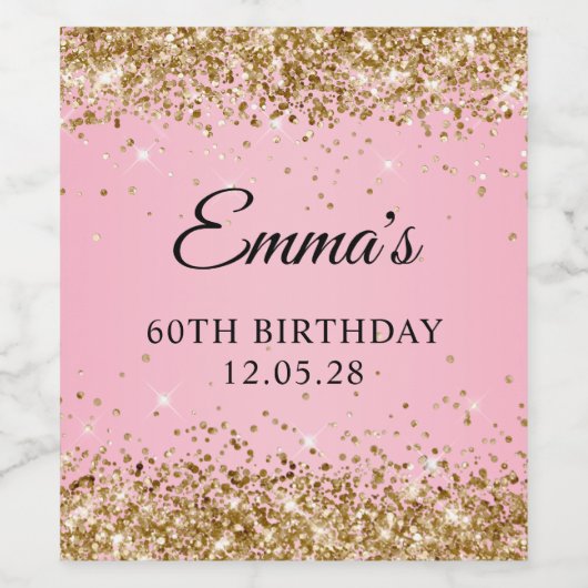 Gouden Glitter Roze 60e Verjaardag Wijn Etiket (Enkel label)