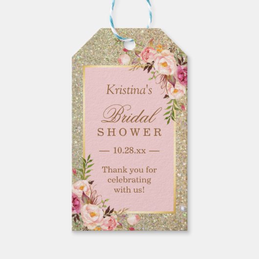 Gouden Glitter Roze Bloem Bruiloft Dank Je Cadeaulabel (Voorkant)