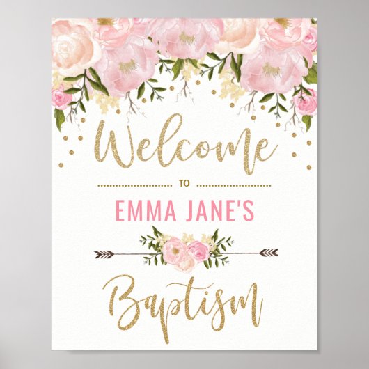Gouden Glitter Roze Bloem Doop Welkom Bord Poster (Voorkant)